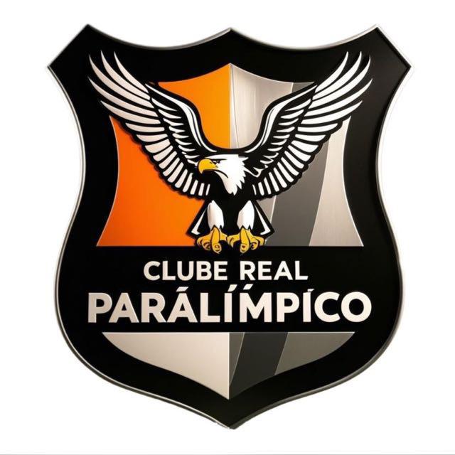 Logotipo Clube Real Paralímpico: escudo com águia de asas abertas ao centro, fundo laranja, preto e cinza, e nome do clube em letras grandes e brancas abaixo da ave.